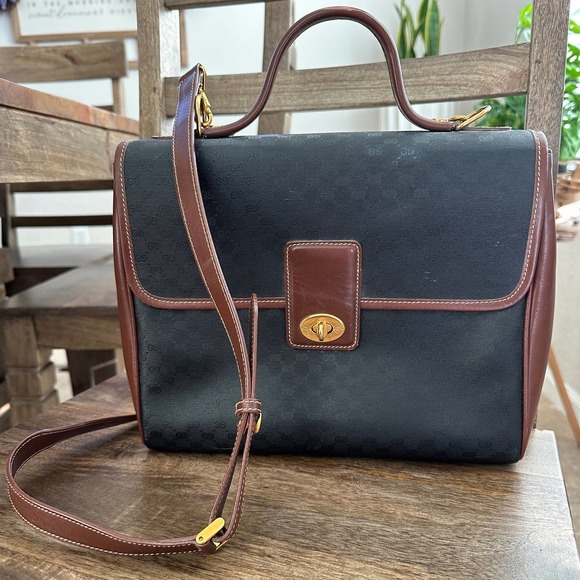 Gucci Handbags - Vintage Rare Gucci Black Brown Gold Crossbody Turn Lock Satchel Bag